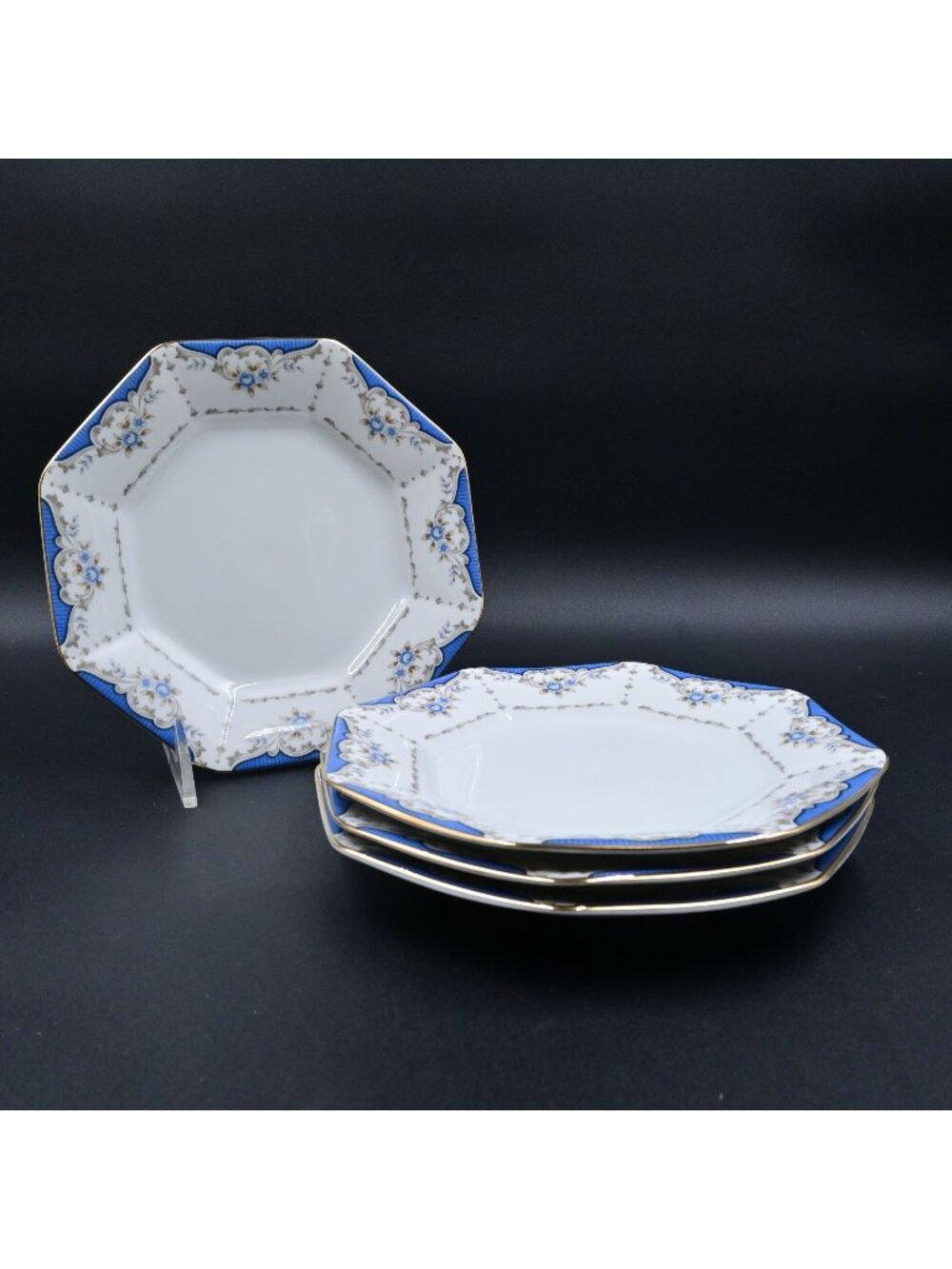 Seizan Mood Indigo 7936 Octagonal Salad/Bread Plates Japan Set of 4 Vintage 8"